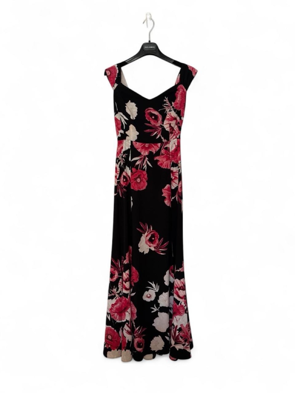 Eva Mendes Black Floral Maxi Dress with Pink and Cream Blooms |Size 6/S